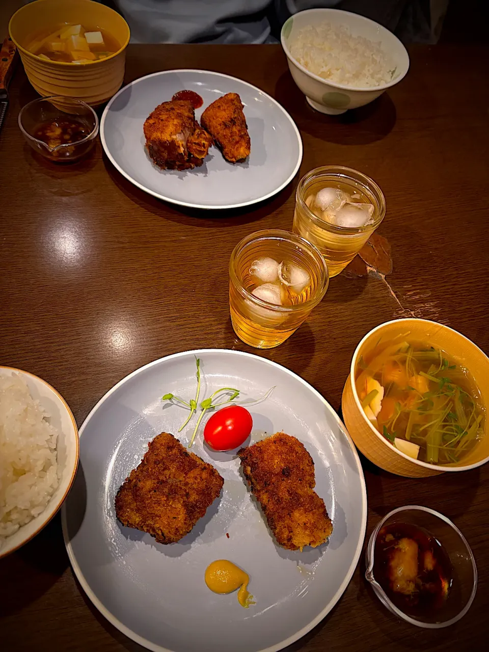 ポークヒレカツ　柚子ポン酢醤油　芥子　豆腐と豆苗のスープ　冷茶|ch＊K*∀o(^^*)♪さん