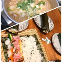 恵方巻(まぐろたたき・ホッキサラダ・きゅうり・玉子焼・とびっこ・椎茸の佃煮)　豚汁|m aさん