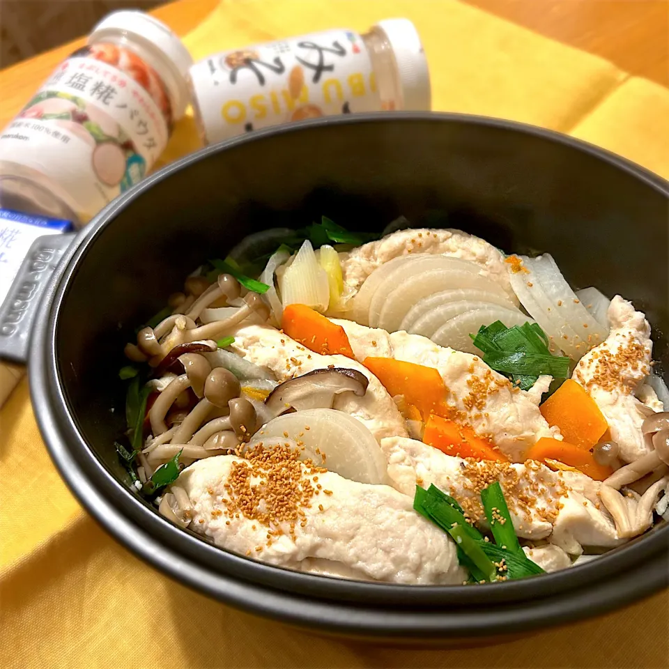 ささみと冬野菜の蒸し煮|むぎこさん