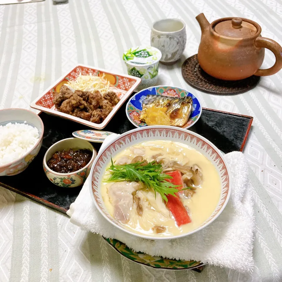 grandmaの晩ごはん☆ 今夜は素麺で茶碗蒸し、鯖を焼いて、砂肝の唐揚げで頂きます　季節やねぇ〜ふきのとうのお味噌が美味しい|kaoriさん