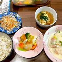 蒸し野菜味噌ドレッシング　鮭と長ネギのクリーム煮　もやしの和風卵スープ　胡麻なます| おさむん17さん