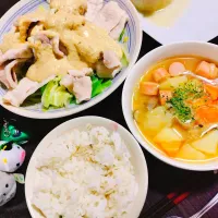 押し麦ご飯、お醤油ポトフ、豚しゃぶ、大根のそぼろ餡|サトリさん