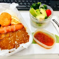 本日の日替わり弁当🍱

①カレーライス

    トッピング
②目玉焼き・茹でウィンナー・えびカツ
③グリーンサラダ
         +プチトマト・わかめ・アボカド|TakeBooさん