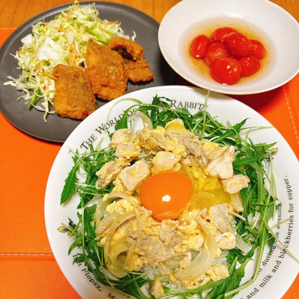 ミニトマトの煮びたし
白身魚のから揚げ
ごはん少なめ、水菜でかさ増しの親子丼|naoさん