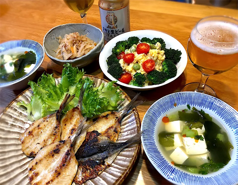 鯵味醂干し　ポテトサラダ　切干大根煮　豆腐とワカメの中華風スープ|じゅんさんさん