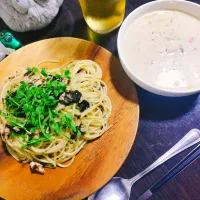 海苔ツナパスタ、きのことネギの豆乳スープ|サトリさん