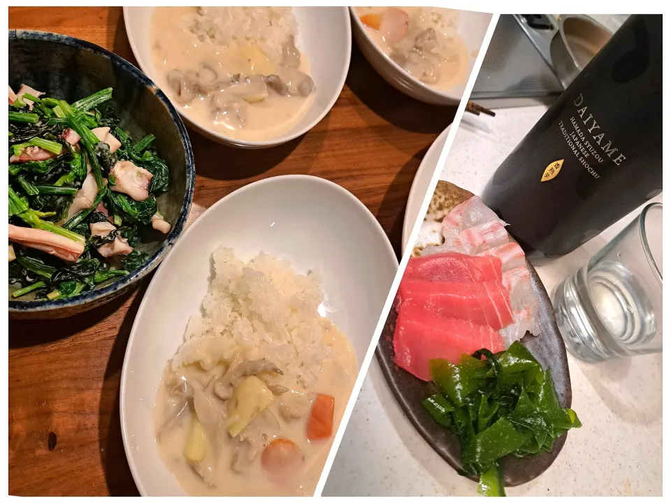 シチューライス　ほうれん草茹でイカわかめの焼き海苔マヨサラダ　刺身|m aさん
