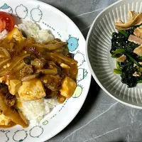 ダイエット自炊　麻婆丼　ほうれん草とベーコンの炒め物|TACOMAMAさん