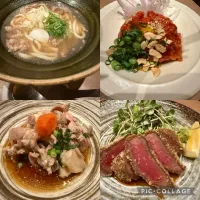 本日の夕食は肉づくし。信州桜井和牛肉のおうどん、馬刺しユッケ、信州鹿のカツ、酢もつを@つるとんたん軽井沢。美味しくいただいております。