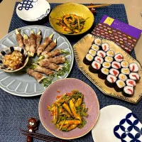 茄子と豆苗の肉巻きレンチン、イカフェ、　　　　巻き寿司(鉄火巻納豆巻)|kekekeさん