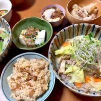 チャンポン♡かしわご飯♡温奴♡蕪と鶏肉の煮物♡バナナ豆乳グルトきな粉メープルシロップ