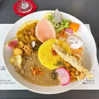 ひよこ豆のカレー　ししゃもフリット　　　豚バラ肉の味噌ココナッツマサラ　　　　　鶏もも肉のハニーレモンカレーのあいがけ|ちゃみこさん