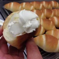 「 今日のパン 」
焼きたてバターロールに マスカルポーネを塗りたくって朝ごはん💦|ばくあんしゃさん