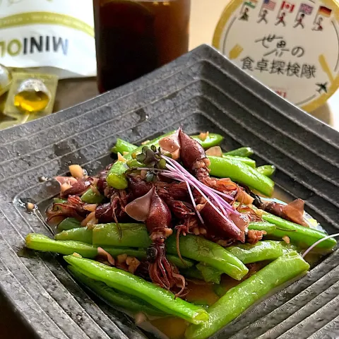 「ミニエクストラバージン　オリーブオイル」を使ってみたSnapdishの料理・レシピ写真:パパ氏さんの料理 パパ氏の自家製ナンプリックナンプラーでオハナシマンの砂肝のガリバタナンプリ‼️をホタルイカとインゲンで作ってみた😆