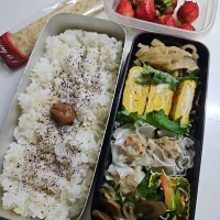 ☆高校生弁当☆もち麦入りごはん、梅、ゆかり、切干大根、シラス卵焼き、焼売、小松菜ナムル、牛蒡甘辛、いちご、チョコクレープ|ｼｮｺﾗさん