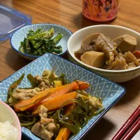 夜　切り昆布と豚肉の炒め物､筑前煮､菜の花胡麻和え|みちくんさん