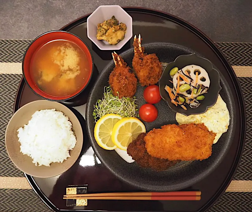 アジフライ&カニ爪フライの手作りタルタル定食|こりちゃんさん