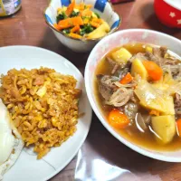 肉じゃが、そばめし、ほうれん草の味噌ごま和え|みーさん