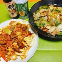 ホルモン焼きそば、レタスの回鍋肉