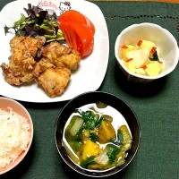 モニター当選品　あとひきだいこんとリンゴ🍎、塩唐揚げと醤油唐揚げ、サラダ、お味噌汁(かぼちゃ、白菜、小松菜)|柚子きりかさん