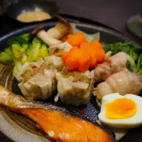 豚肉の豆苗巻きとたっぷり蒸し野菜のワンプレート風♪