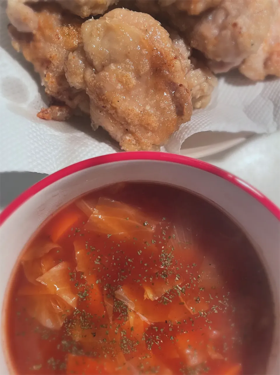 唐揚げ＆ミネストローネ風|おいもさん