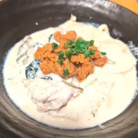 豆乳鍋残り物でアレンジうどん/マルコメさんの大豆肉味噌乗せで担々麺風|チョコさん