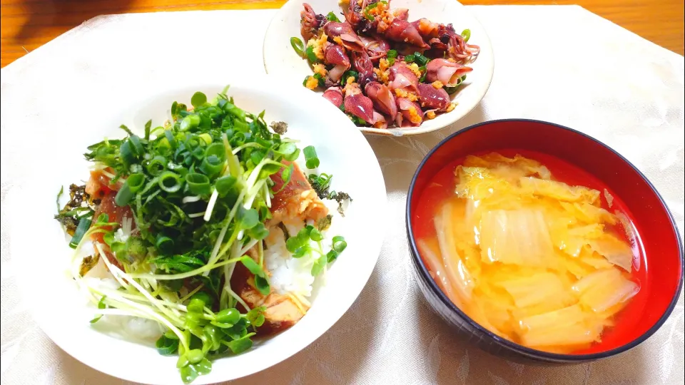 2/23の夕食
マグロの漬け丼
蛍烏賊
白菜の味噌汁|卯月さん