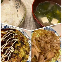 豚肉生姜焼き、わかめとお豆腐のお味噌汁、キャベツとハムのオムレツ|amiさん