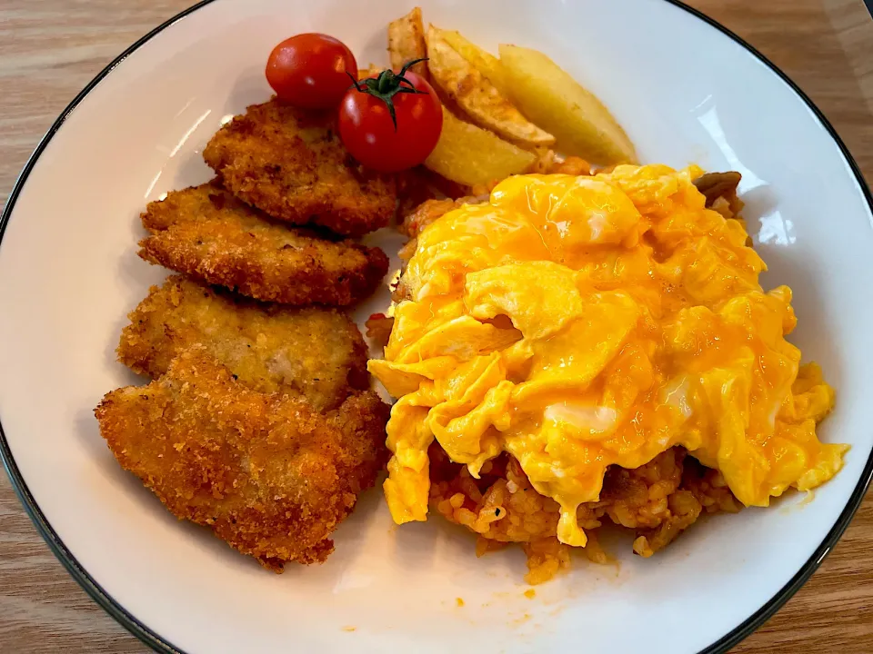 ひとくちヒレカツとオムライスのワンプレート|パパ手料理さん