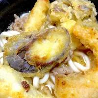 天ぷら肉うどん〜エビ、ナス、カボチャ、白身魚、きのこ|Ayaさん