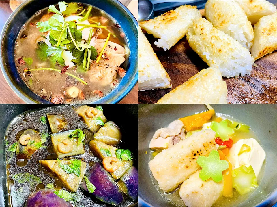 ナッツとパクチーの鶏中華、ナスと海老の揚げ浸し、手作りきりたんぽ、白味噌きりたんぽ鍋です!!🍜🍲|さくたろうさん