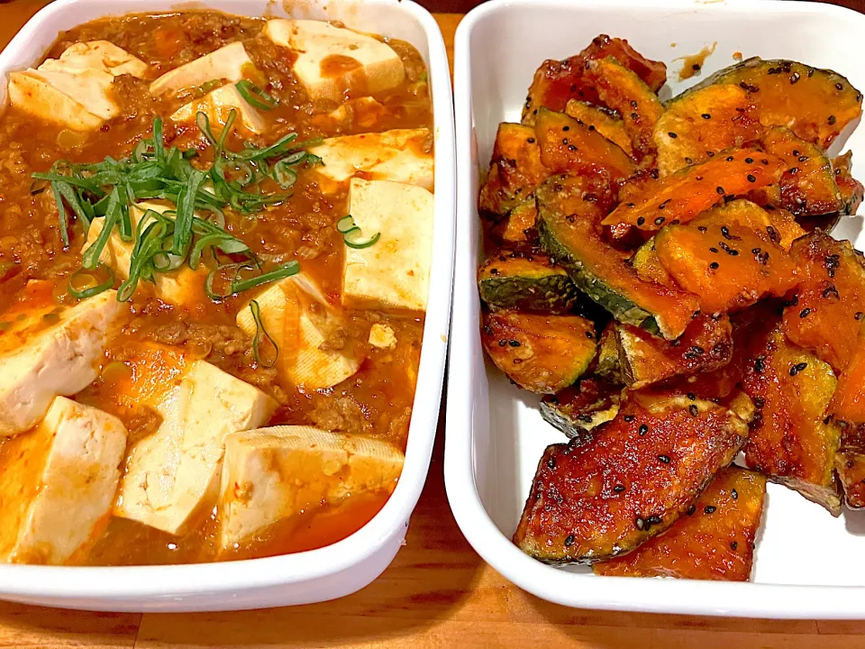 作り置きおかず（麻婆豆腐、カボチャの甘辛焼）|ピンキーさん