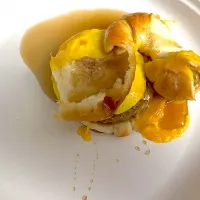 Sausage with cheese egg and croissant with syrup|Kareem Boogieさん