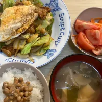 こてっちゃんと野菜炒めの卵のせ、トマトとにんじんのピクルス|きのこさん