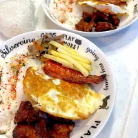 おっさんワンプレート　こんにゃくチンピラ　🍟　ニシン　目玉焼き　唐揚げ|ひげおやじさん