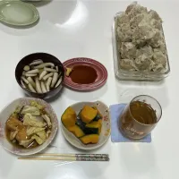 晩御飯☆焼売☆厚揚げの野菜餡かけ☆かぼちゃの炊いたん☆えび団子と野菜のスープ|Saharaさん