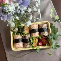 2/28❤︎主人のおにぎり弁当🍙🍃

＊ 紅鮭おにぎり
＊ 紫蘇おかかおにぎり
＊ 桜海老たまご焼き
＊ 甘辛ささみカツ
＊ ちくわの磯辺揚げ
＊ ほうれん草の胡麻和え|Makinsさん