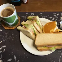 トーストサンドイッチ、冷やした北海道チーズ蒸しケーキ、胡麻高菜漬け、ホットコーヒー、バナナ(朝ご飯)| enarinさん