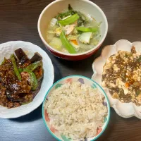 茄子と豆腐のツイン麻婆、残り野菜の中華スープ、玄米50%ご飯|tatsuponさん