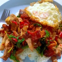 Stir Fried Roasted Duck w/Thai  Holy Basil topped w/ Crispy Fried Egg aka Pad Gaprao Ped (ผัดกะเพราเป็ด) 🦆🌶️🌶️|An'leeさん