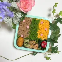 3/3❤︎主人の三色そぼろ弁当🌱
おはようございます
昨日までの暖かさから一転…今日から真冬なみな寒さに戻るみたいですね🙇‍♀️

＊ 鶏そぼろ
＊ たまごそぼろ
＊塩茹でスナップエンドウ🫛
＊ カレー男爵コロッケ
＊ たらこパスタ
＊ ほうれん草の胡麻和え
＊ちくわの磯辺揚げ|Makinsさん