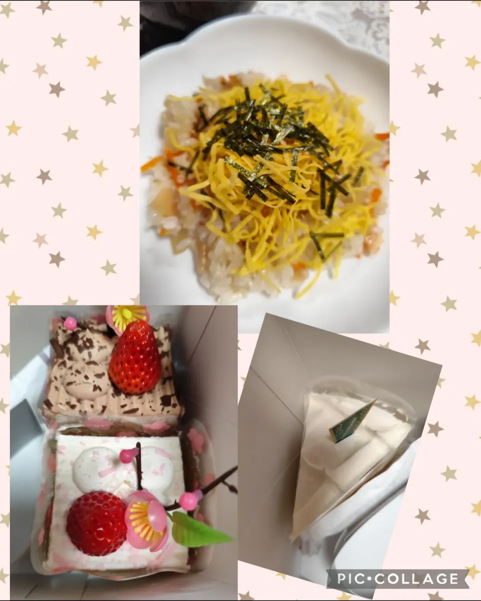 雛祭りの日のごはん生協のちらし寿司素でちらし寿司とケーキ💐|m.rafuさん