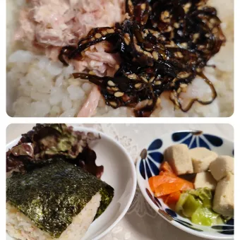 Snapdishの人気料理写真:にんにくと唐辛子が特に好き❤️(元シャリマー)さんの料理 ドでかいツナ昆布マヨおにぎり🍙、塩昆布は味醂と胡麻+して!