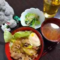 豚丼温玉乗せ、人参と玉ねぎのスープ、もやしと小松菜のナムル|サトリさん