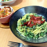 ほうれん草のクリームパスタ&じゃかいものベーコンチーズ焼き| G0MAさん