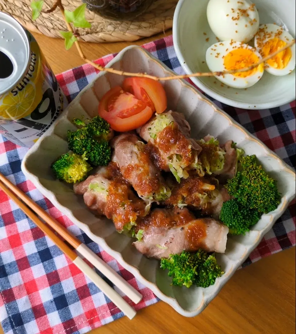 豚巻きｷｬﾍﾞﾂのﾚﾝｼﾞ蒸し|まりおさん