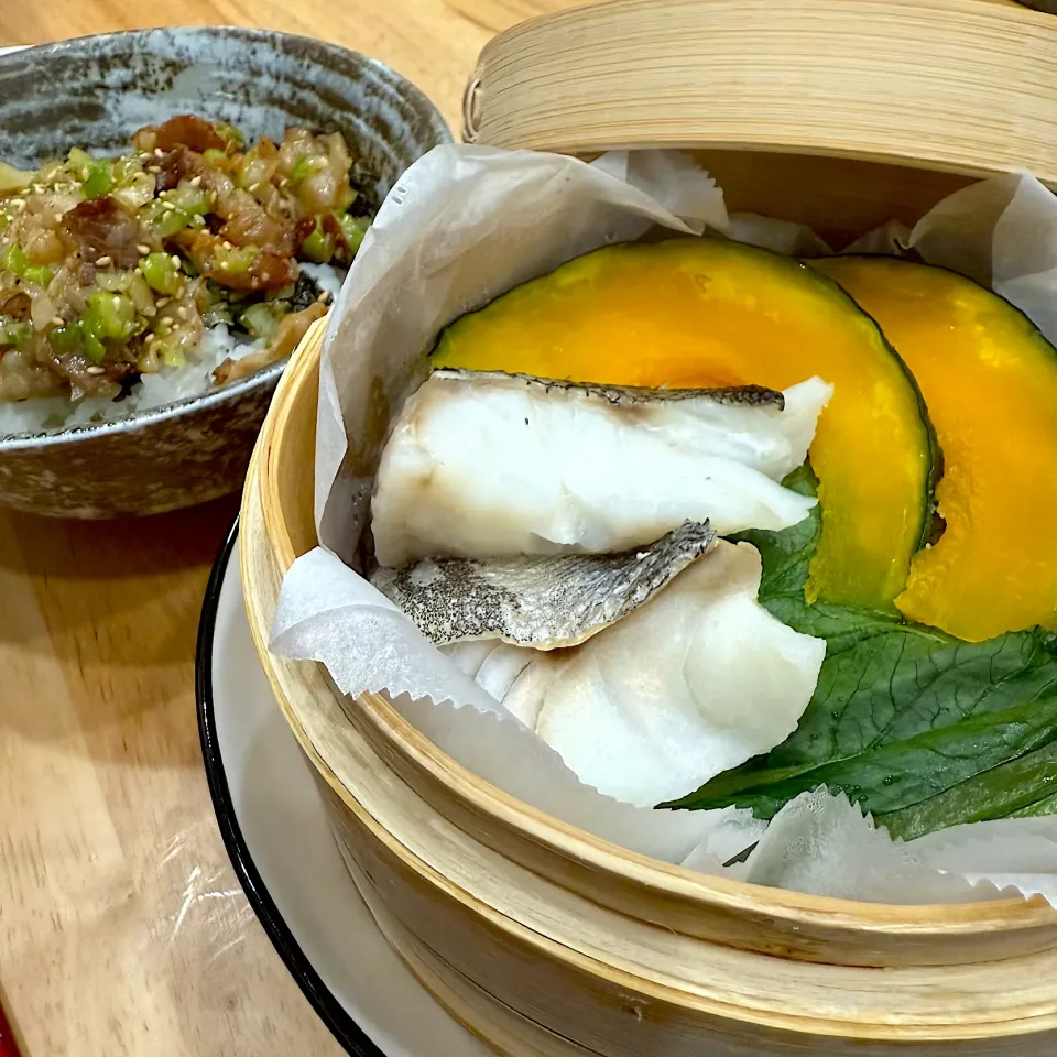 真鱈蒸し、ミニねぎ塩豚丼|もやぴさん