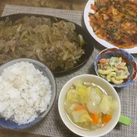 プルコギタンミョン　キムチチヂミ　マカロニサラダ（作り置き）　野菜スープ　麦ご飯|♡misaki♡さん