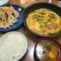 餃子・白菜と豚肉のミルフィーユすき焼き・サラダ・ご飯・味噌汁🌺